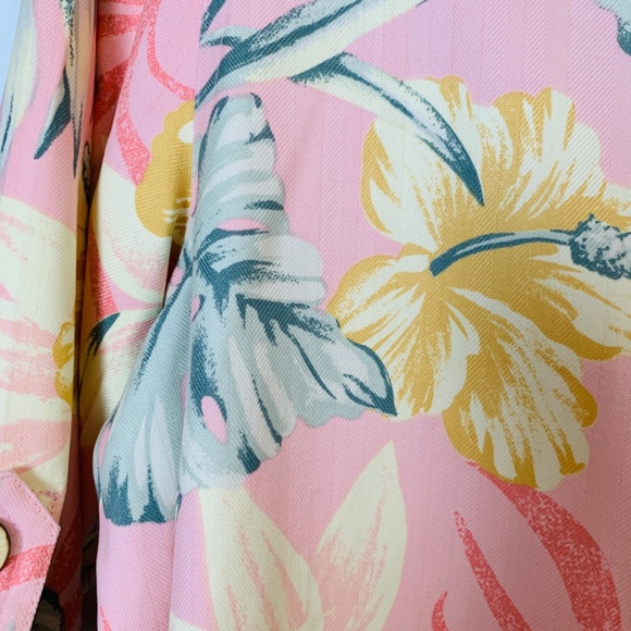 Natural Elements Silk Shirt Dress Size 14 Pink Floral Tropical Hawaiian Belted - Picture 5 of 13